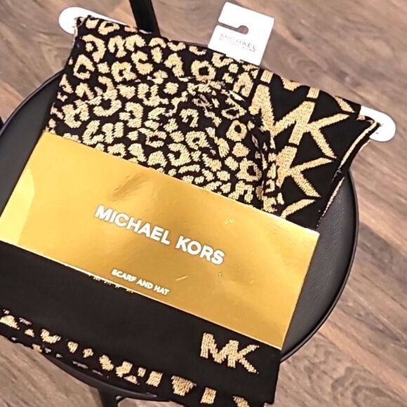 Michael Kors Metallic Leopord Logo Scarf & Beanie Hat Set main image 4